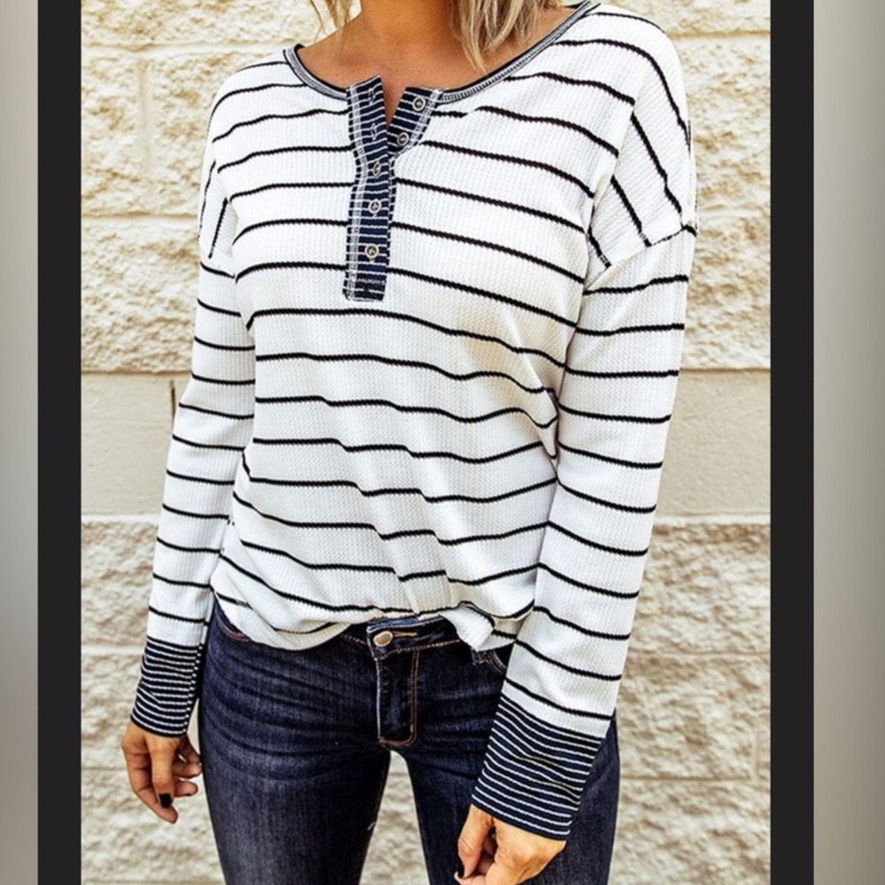 #25 Henley White & Navy Waffle Weave L.S. Top - Picture 8 of 12